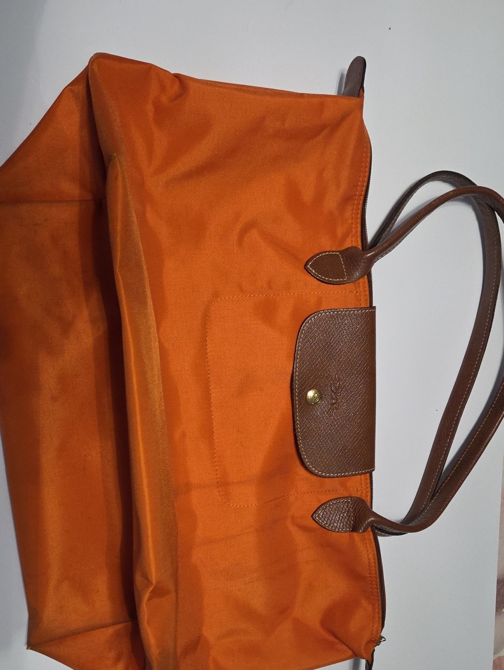 Longchamp Orange Tote Bag with Brown Leather Trim